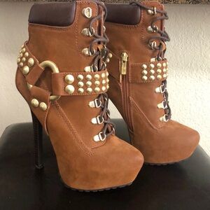 JustFab Gold Studded Lace-Up Stiletto Booties • Brown • Size 6 • New